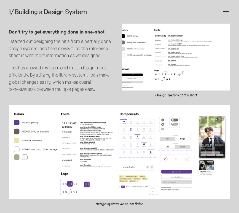 UniLink design system: colors, type, logos, nav icons, pills, buttons, and mentor profile cards