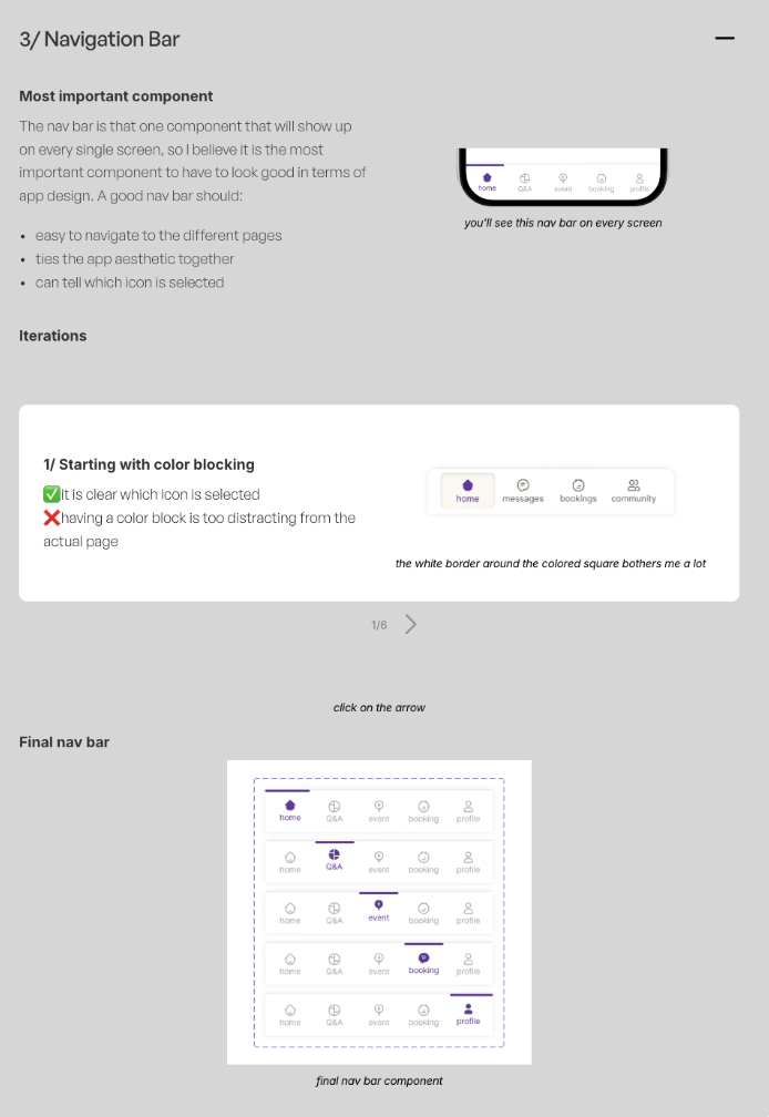 Navigation bar rationale and iterations from color-block to indicator-line active state
