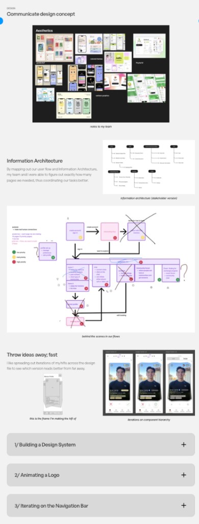 Design section: moodboard, information architecture, flow sketches, and deep-dive accordion entries