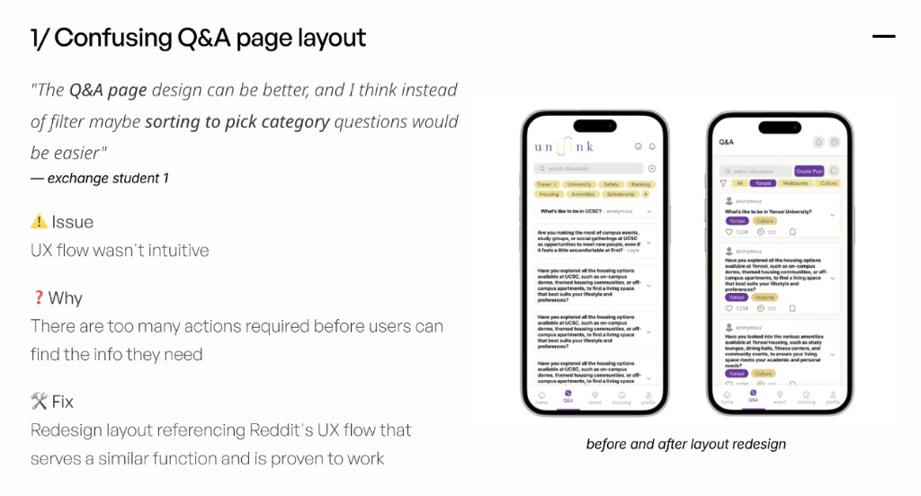 Before and after Q&A page redesign on mobile