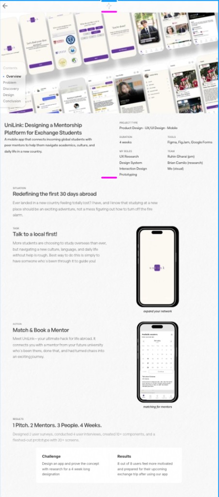 UniLink overview: phone collage of app screens with Situation, Task, Action, and Results