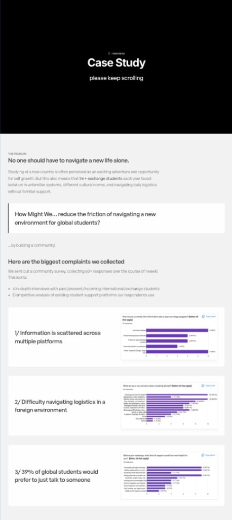 Problem section with How Might We prompt and three research insight cards with charts