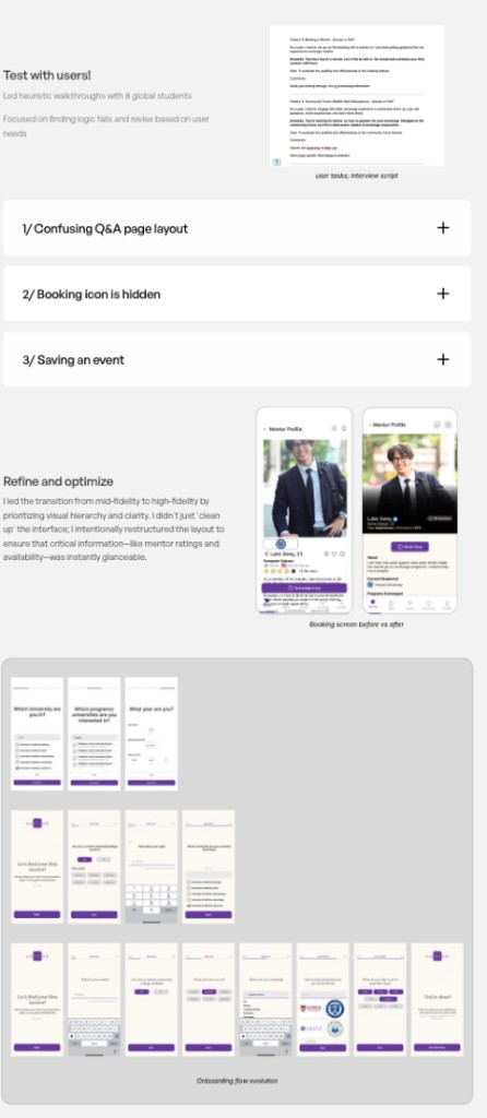 Usability findings accordion, booking before/after, and onboarding flow screen grid